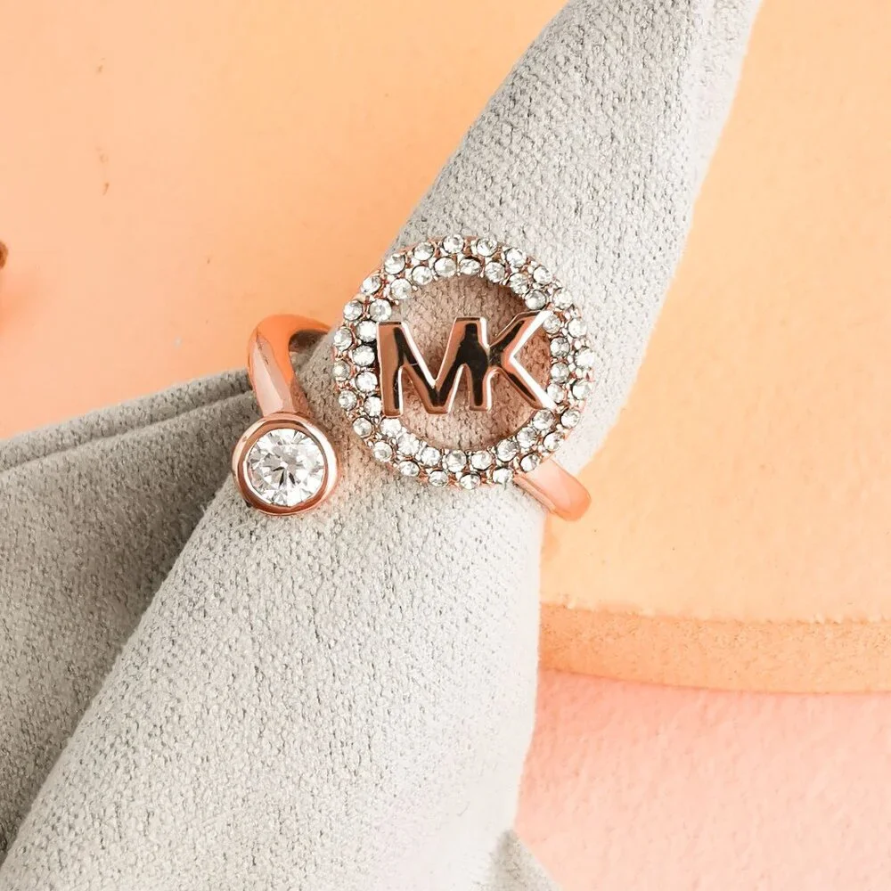 Michael Kors - Monogram Logo and Crystal Rose Gold open ring size 8 - NEW